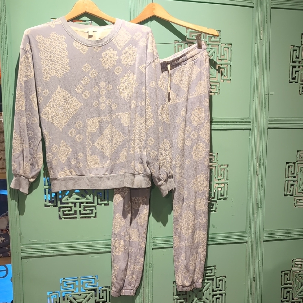 PJ Salvage French Terry Paisley Pj Set In Light Blue Paisley
